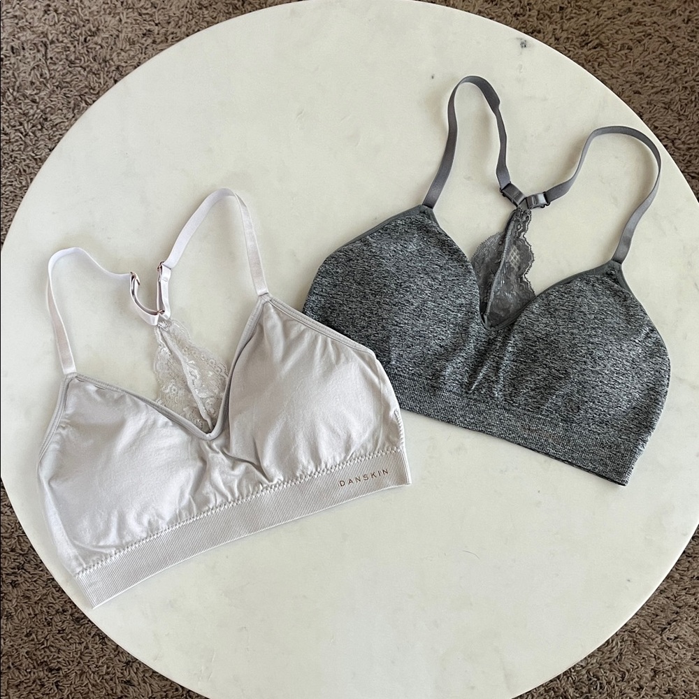 Danskin Bralette Bundle of 2 Medium Gray Pale Pink Racer Back Lace Low Cut